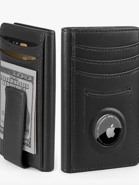 Black Leather Wallet with Airtag Pocket